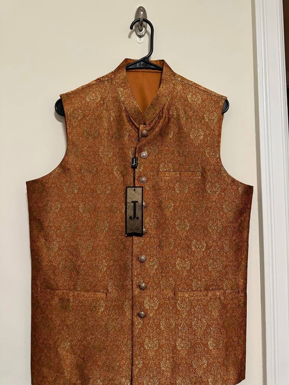 Junaid Jamshed Rust Embroidered Waistcoat.